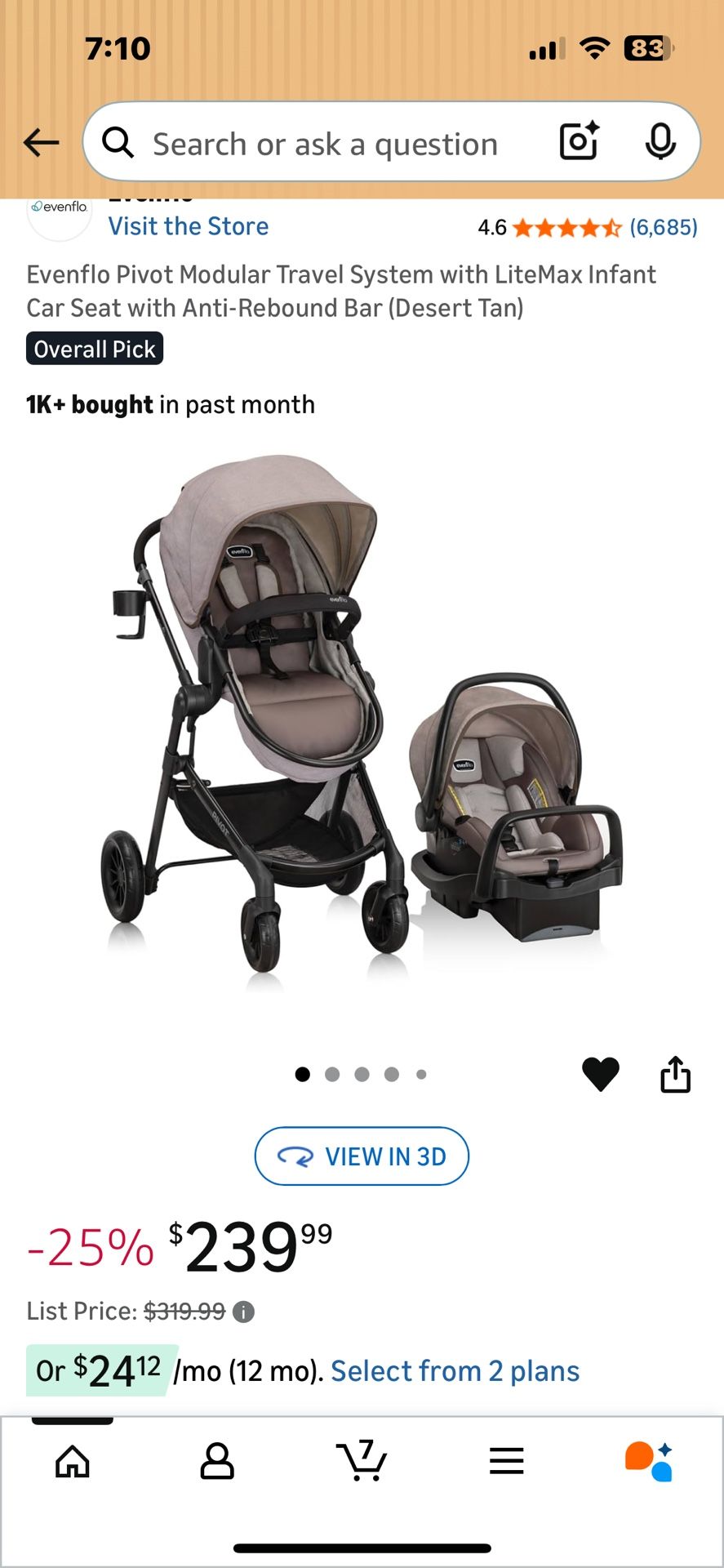 Evenflo Pivot Modular Travel System with LiteMax Infant Car Seat with Anti-Rebound Bar (Desert Tan) 