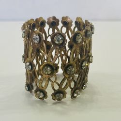 Accordion Style Goldtone Bracelet With White Rhinestones, Adjustable