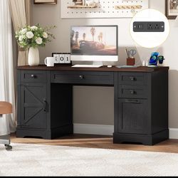 58" Executive Office Desk with Storage & Charging Station, Farmhouse Computer Desk with File Drawer