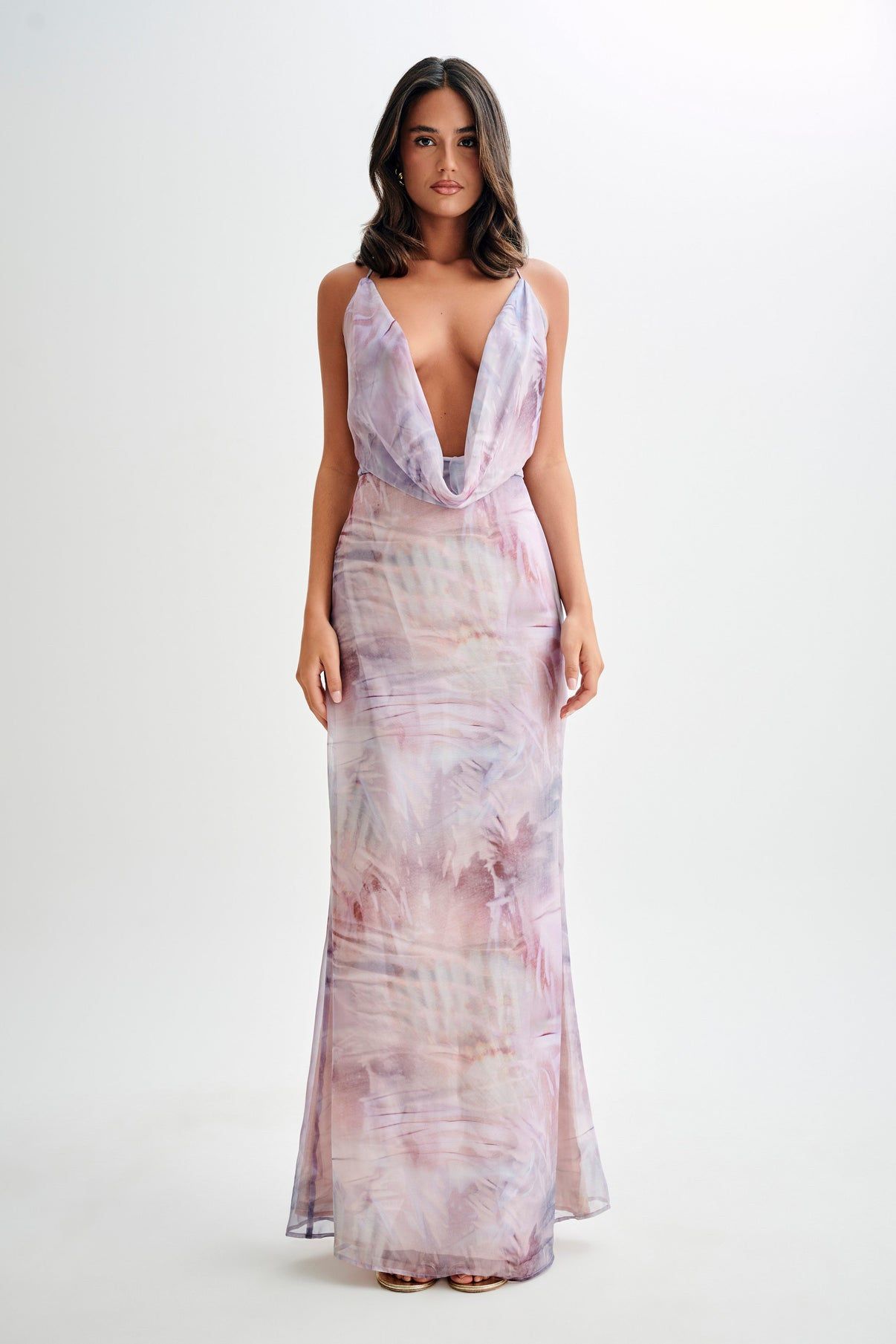 Meshki Attina Cowl Chiffon Mermaid Shell Print Maxi Dress
