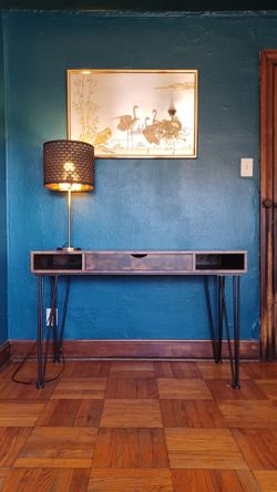 Dark and light mixed stain laminate desk w/ rebar hairpin style legs + free ikea lamp if you can pick up yourself :)