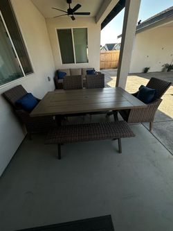 Outdoor Patio Dining Table Set with Wicker Chairs and Bench
