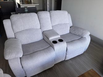 Gray Fabric Reclining Loveseat with Console