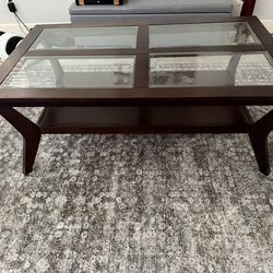 Modern Glass Top Coffee Table with Wood Frame & Shelf