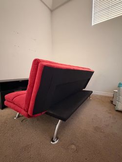 Red Futon Sofa Bed – Modern Tufted Couch with Chrome Legs