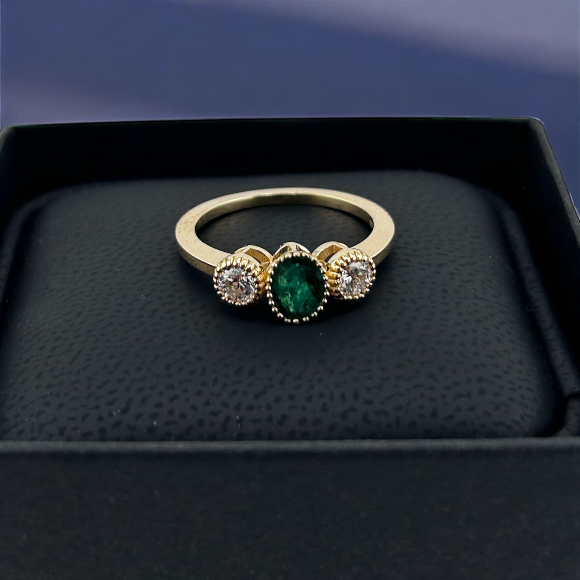 14K Yellow Gold Emerald And Diamond Three Stone Ring, Aesthetic, Fine Jewelry, Birthstone Jewelry, Gift For Her, Rings For Women