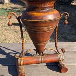 16" Vintage Wood & Metal Decorative Urn Vase with Twisted Iron Stand