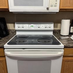 White Electric Glass Top Stove + Over-the-Range Microwave – Great Condition