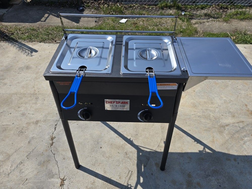 New Black Powder Coated Double Fryer With Side Tray.