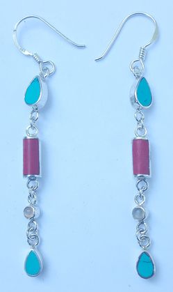 Handmade white metal earrings with turquoise, coral, and moonstone