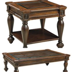 Set Of Coffee Table & End Table, Solid Wood With Glass Tops