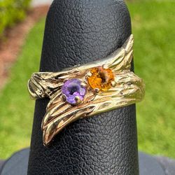 Jewelry 14k solid yellow gold wing orange and purple stones 0.60CTW ring size 5.50