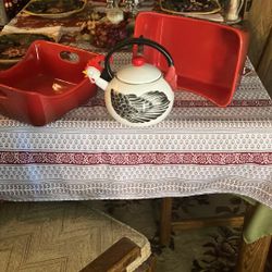 Two New Rachel Ray Casserole Dishes And A New Rooster Teapot.