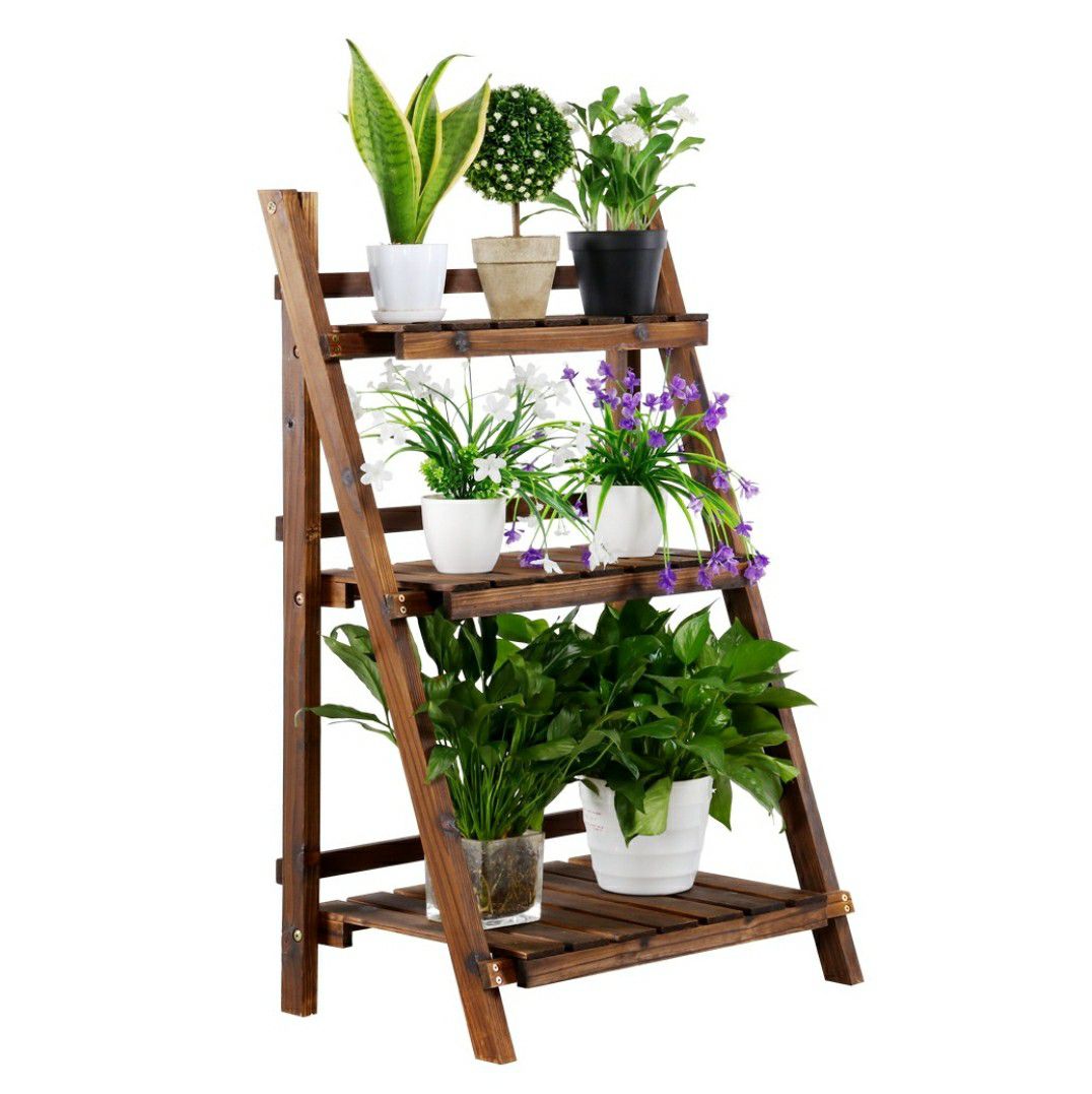 3 Level Folding Wooden Plant Stand Indoor Outdoor Garden
