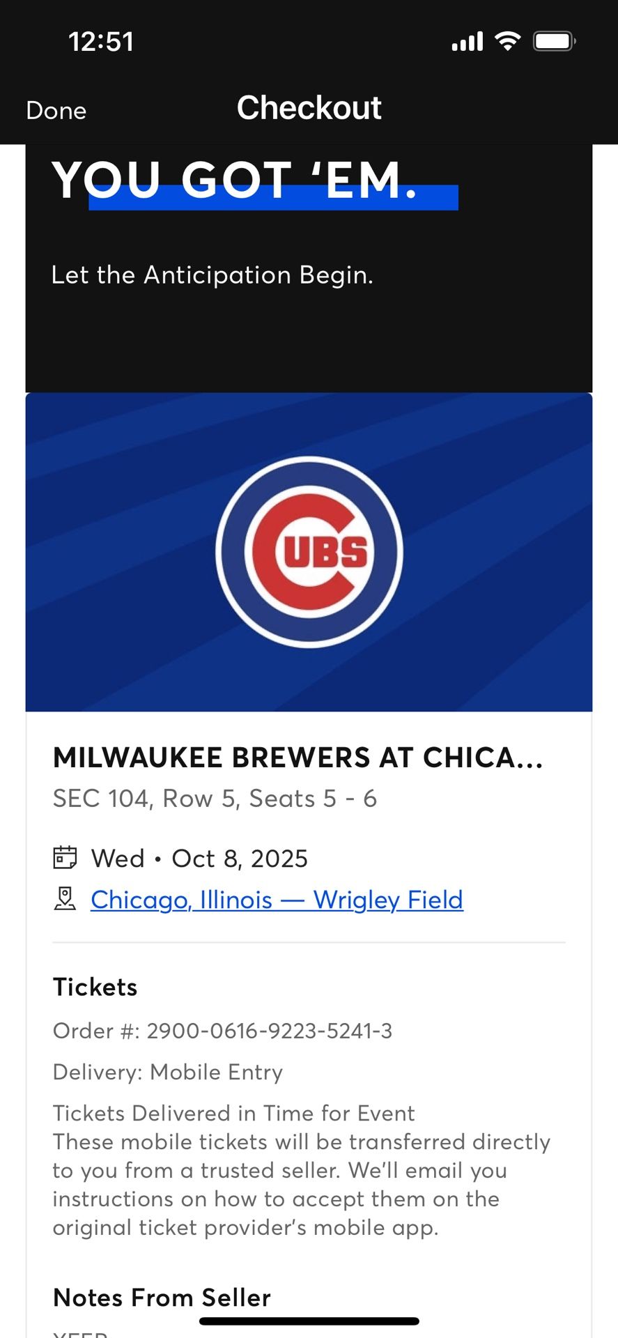 Cubs Playoff Tickets Game 3 Wrigley Field (100 Level!)