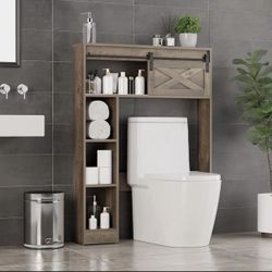 Farmhouse Over The Toilet Storage with Sliding Barn Door, Freestanding Bathroom Organizer Over Toilet Storage Cabinet Shelf Space Saver Rack for Restr