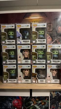 Funko pop  muscle man , mordecai , skips, and rigby