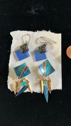 2 Gold and Blue Pierced Earrings