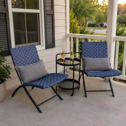 New In Box 3 Pics Set 2 Chairs And Rolling Table Beige Color Outdoor Patio Furniture Navy Blue Color With Pillows 