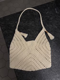 Cream Crochet Tote Bag with Tassels
