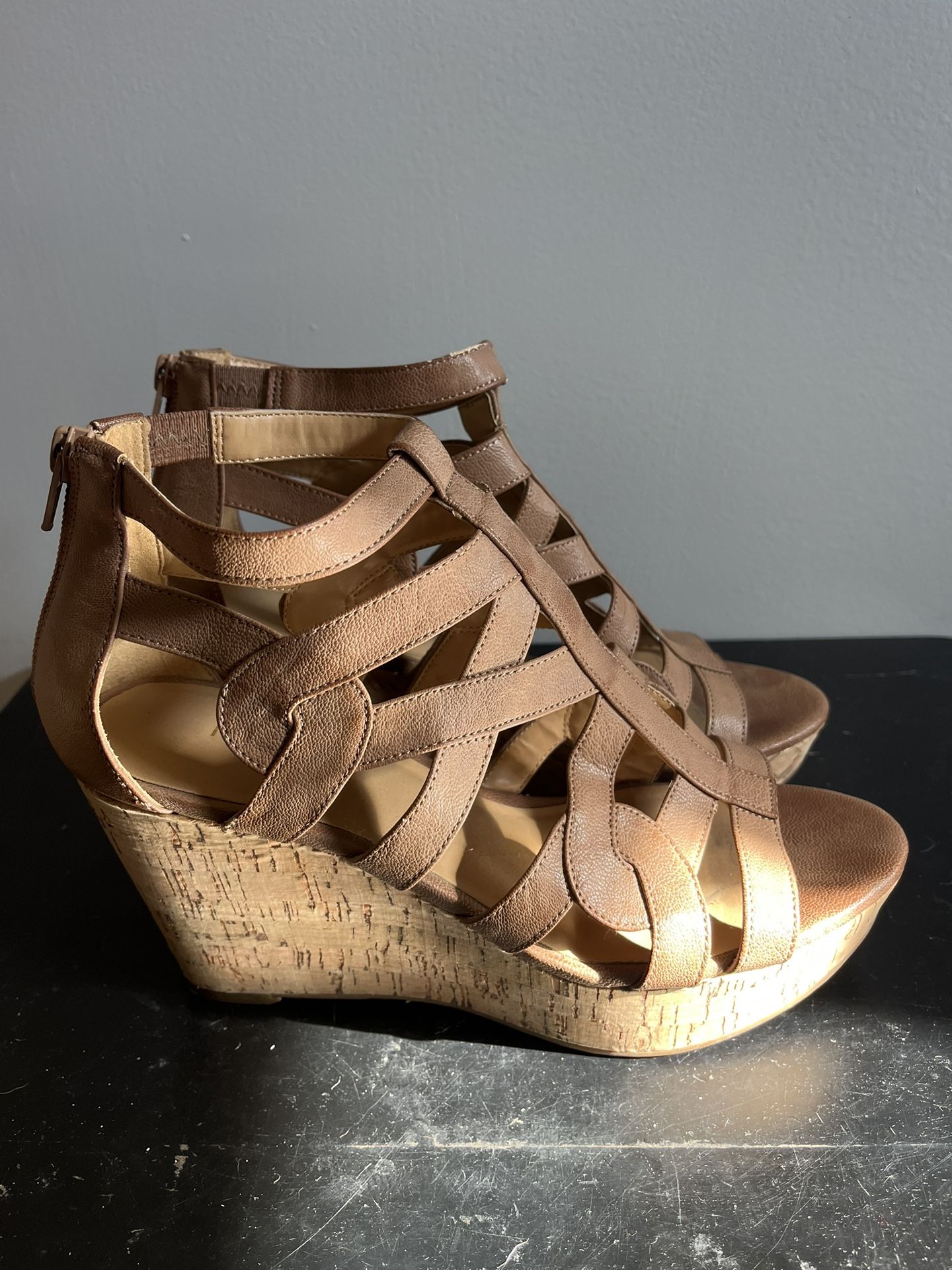 Women’s Nine West Tan/Beige Zipper Cork Wedge Sandals