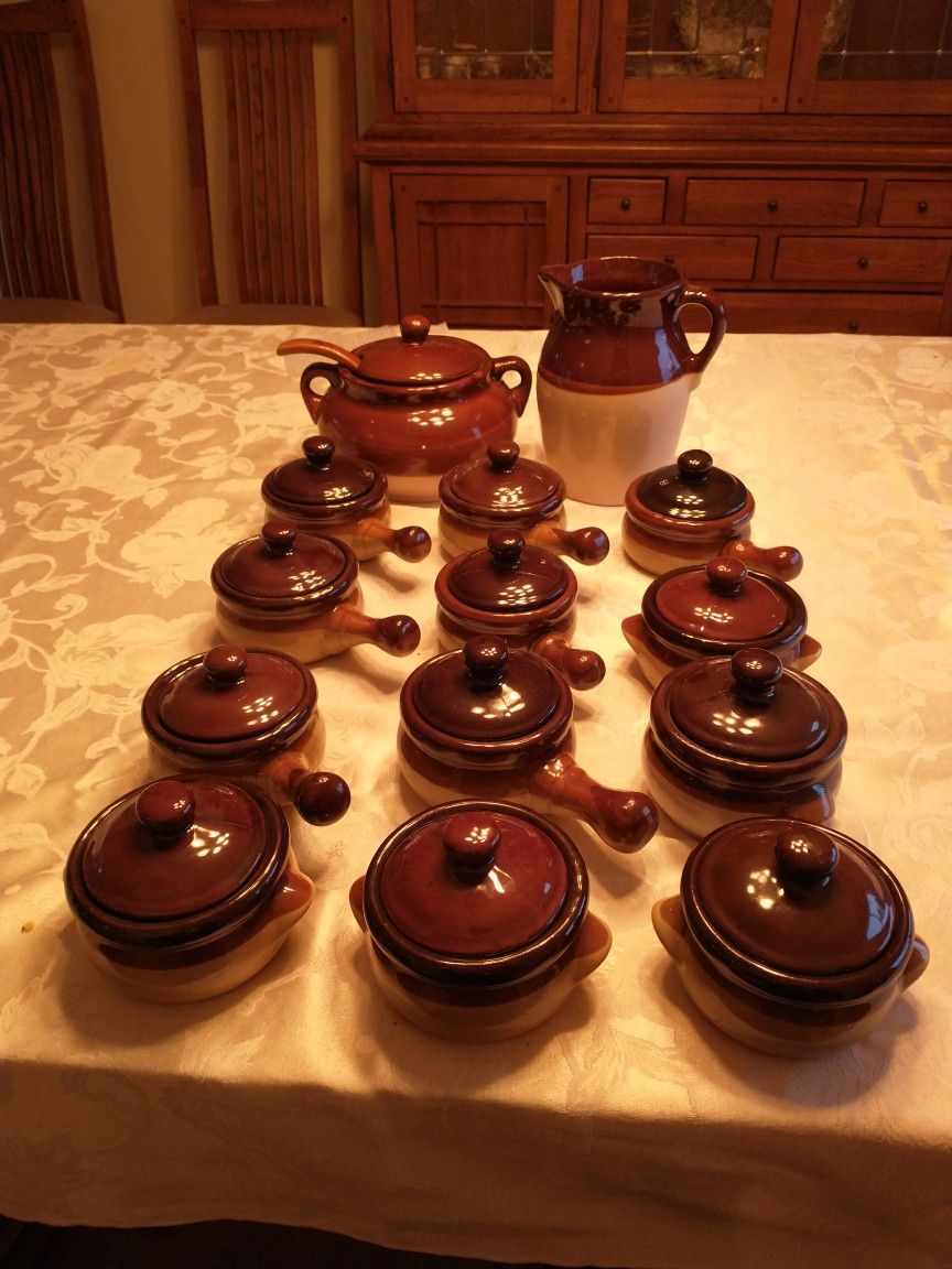 Crockery Soup Bowls, Tureen, Pitcher