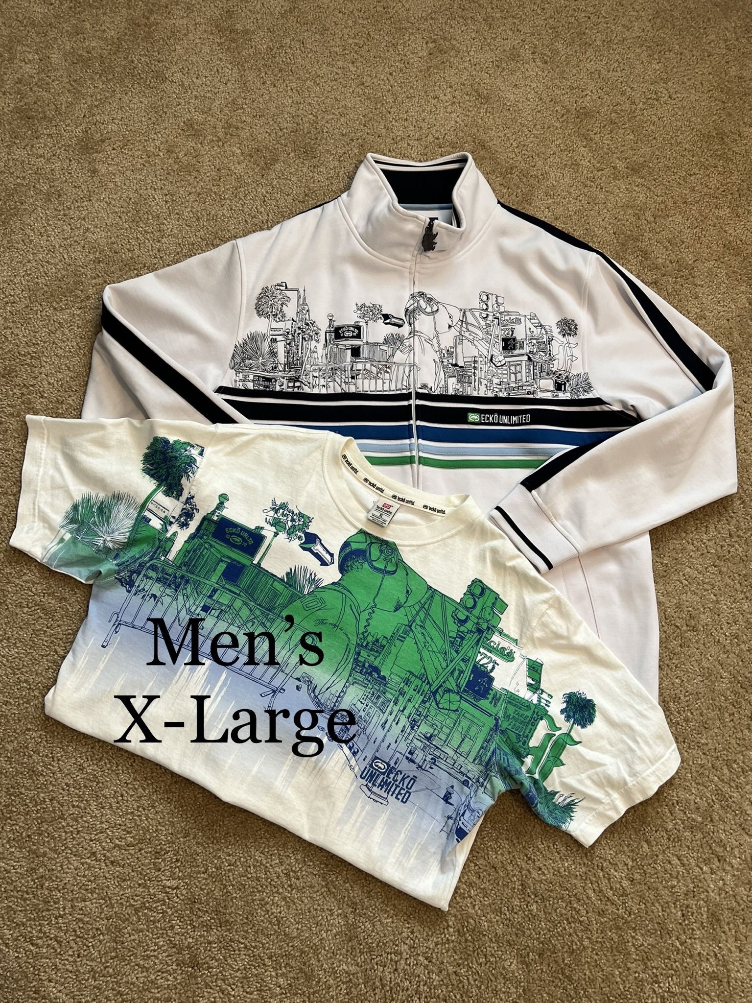 ECKO UNLIMITED / MATCHING Street Vintage COAT & SHIRT / CLASSIC Full-Zip Up ATHLETIC Track Jacket / Men’s X-Large XL / Like New w/o Tags!! White