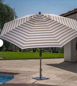 Open Box SunBrella 11' Round Cabana Stripe Aluminum Market Umbrella Brown and White - 3 Available.