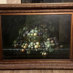 Vintage Still Life Oil Painting On Canvas Ornate Gold Gild Frame 46/34”