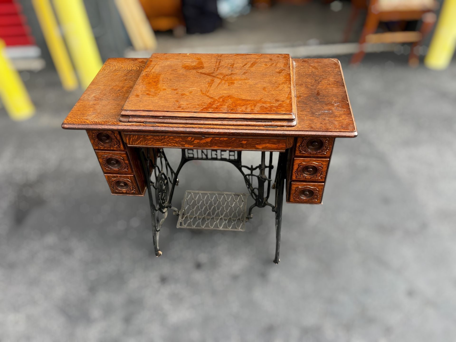 Antique Singer Sewing Machine + Tiger Oak Cabinet