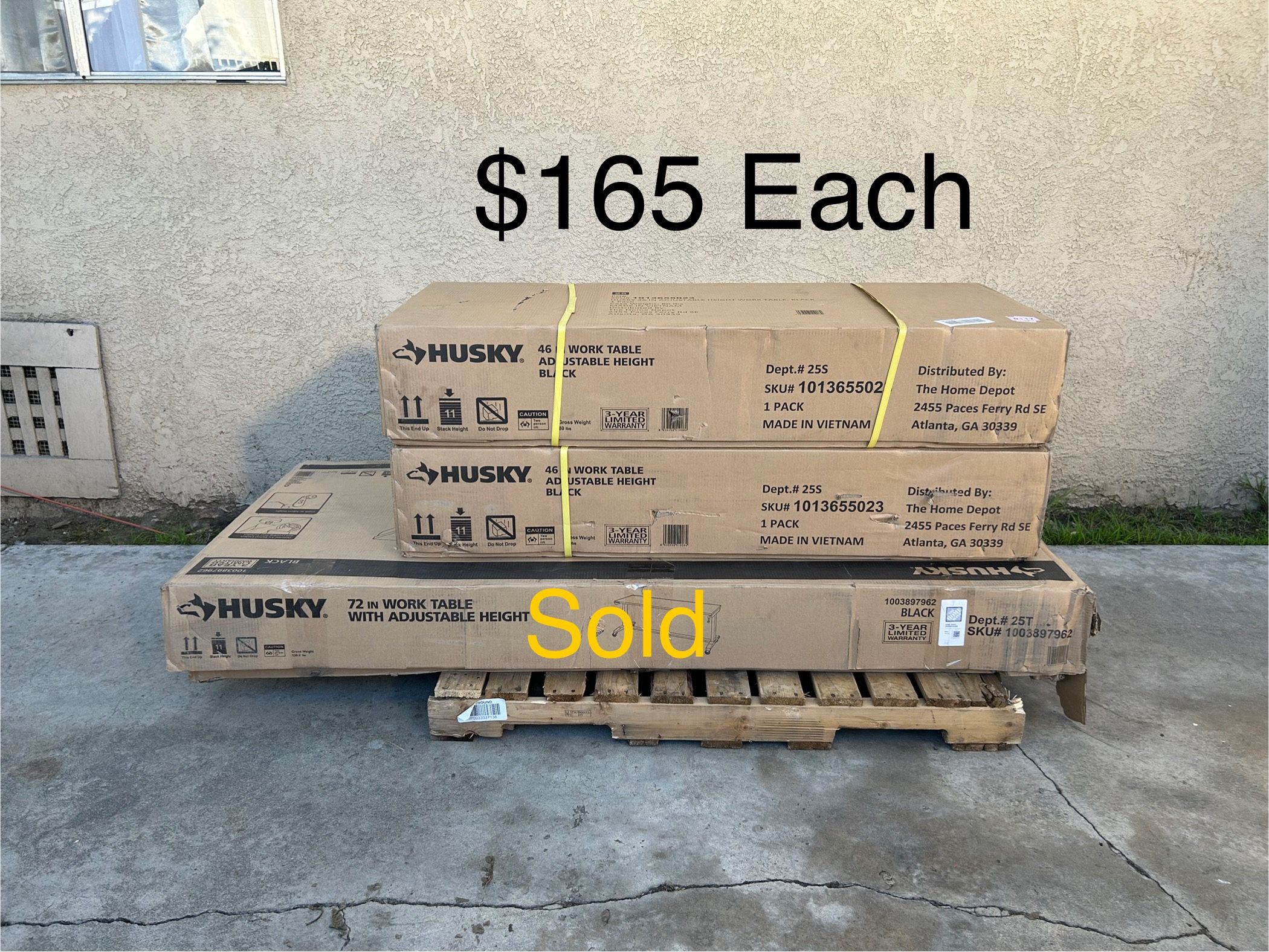 NEW Husky 46” Adjustable Height Work Table w/Wood Top, Gloss Black **3 Available, $165 Each**