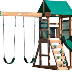 Backyard Discovery Buckley Hill Cedar Wood Swing Set With Wave Slide, Play Deck, Rock Wall Ladder, Belt Swings, Chalkboard, Canopy Roof, Outdoor Plays