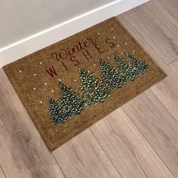 36x24 “Winter Wishes” and Trees Natural Coir Christmas Outdoor Doormat- Front Door Holiday Rug