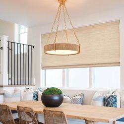 Rope Wrapped Ring Chandelier – Natural Jute & Brushed Gold Chain • Coastal Boho Statement Light