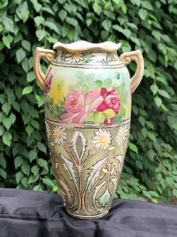 Antique Japanese vase features hand-painted pink roses and raised moriage detailing Double-Handled