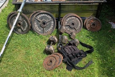 Weight Plates, Dumbbells, Barbell, and Weighted Vest Set