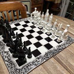 Vintage Ceramic Florentine Chess Set With Board