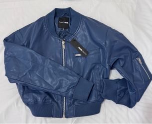 NWT Fashion Nova Blue Faux Leather Bomber Jacket