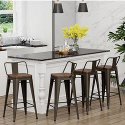 30 inch Bar Stools Set of 4 Bar Height Metal Barstools with Wood Seat Low Back Kitchen Bar Chairs Gunmetal