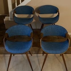 Mid-century modern dining chairs, 4 Walnut/Blue