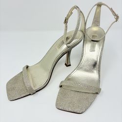 Nine West Shiny Ankle Strap Sandals Heels Silver Glitter Women’s Size 7.5 M