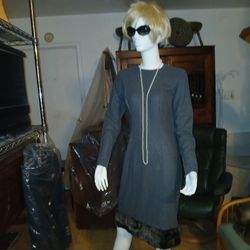 Vintage  1950s/60s Custom Sheath Dress   -fur  trim hem  - metal zippers  XS