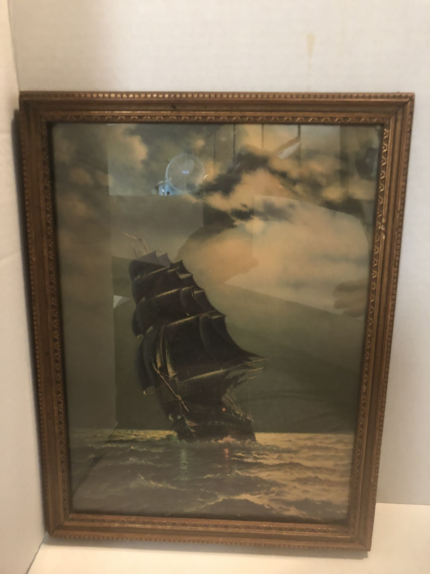 Vtg Gordon Grant Print Old Ironsides Framed USS Constitution Nautical Schooner