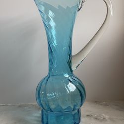 Mid Century Modern Blue Swirl Empoli Hand Blown Glass Italian Pitcher Large 