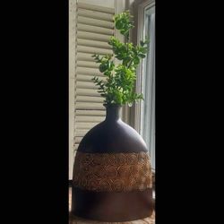 Large Dark Brown Sgraffito Carved Decorative Ceramic Vase - 12”