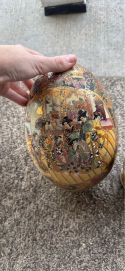 Vintage Asian Decor Lot - Satsuma Style Porcelain Egg, Geisha Vase (As-Is), & Brass Chalice