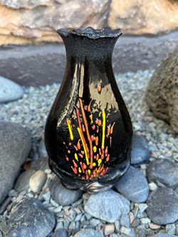 Black Art Glass Vase with Fire Design .. Daniel Moe