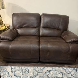 Genuine Leather Power Reclining Loveseat – Brown – Excellent Condition