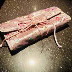 Silk Brocade Pink Jewelry Roller Pouch