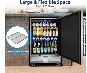 Outdoor Refrigerator 24 Inch, Undercounter Beverage Fridge with Wheels, 180 Cans Waterproof Stainless Steel Fridge for Outdoor Kitchen and Patio
